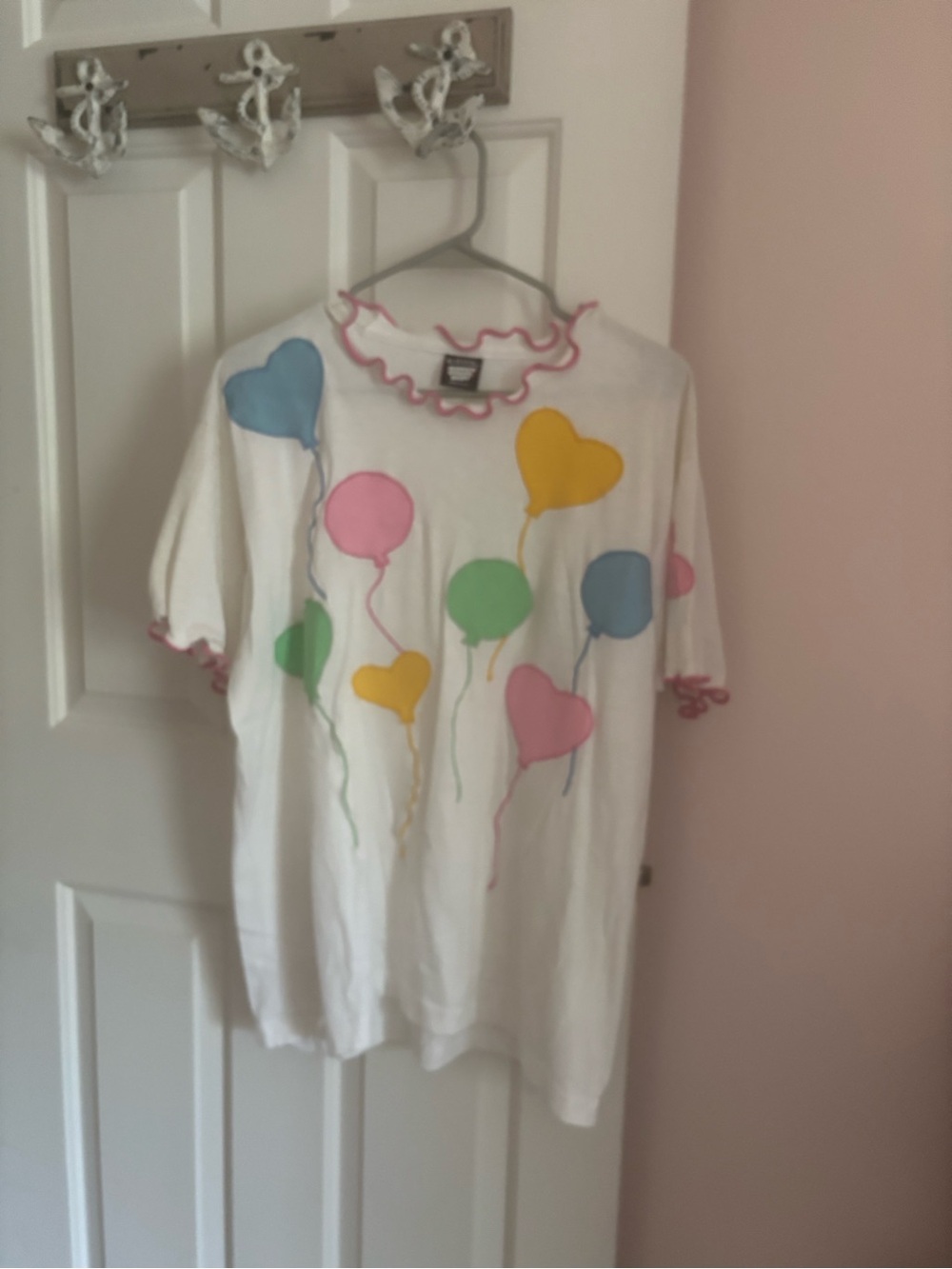 Screen Stars White Tee with Colorful Heart Balloons and Pink Ruffle Trim
